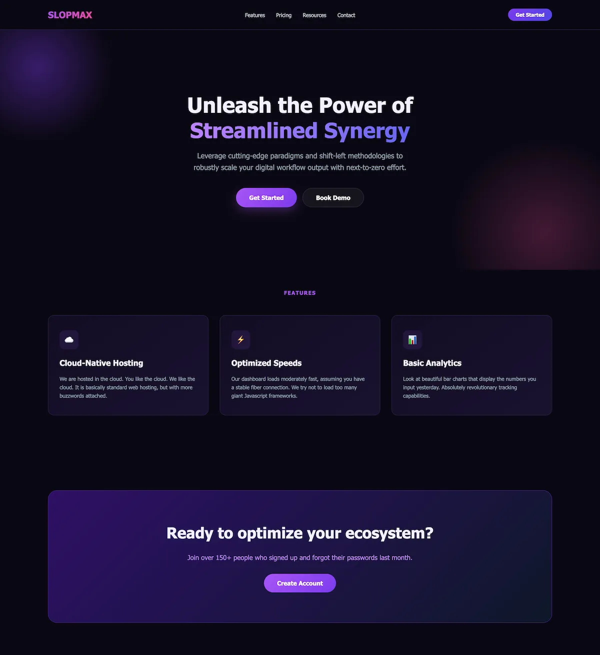 Example of a generic AI-generated landing page
